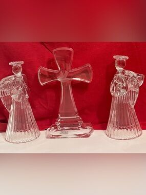 Vintage 3 Pcs. Crystal Clear Glass Prayer Angels Candle holders & Cross w Dove